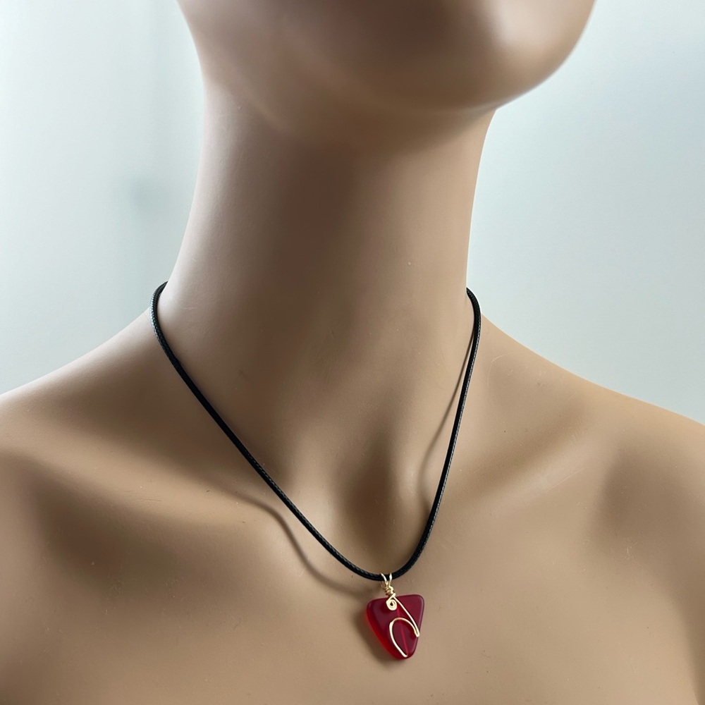 Summer Red Sea glass Wave Wirework Necklace with Black Cord